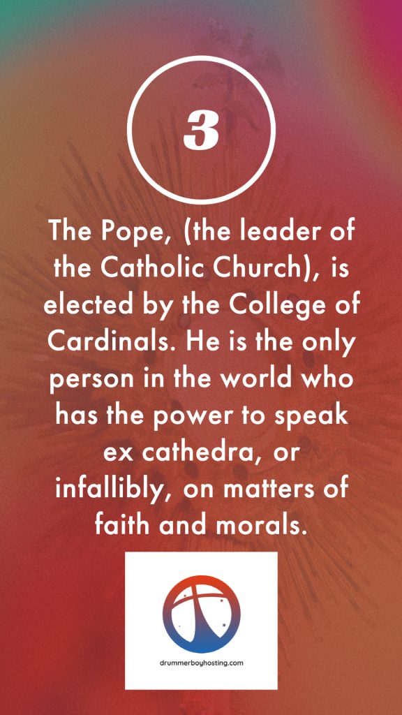 The Pope, who is the leader of the Catholic Church, is elected by the College of Cardinals. He is the only person in the world who has the power to speak ex cathedra, or infallibly, on matters of faith and morals. ten fun and informative facts about the catholic church Ten fun and informative facts about the Catholic Church Top Ten Facts 3 1 576x1024