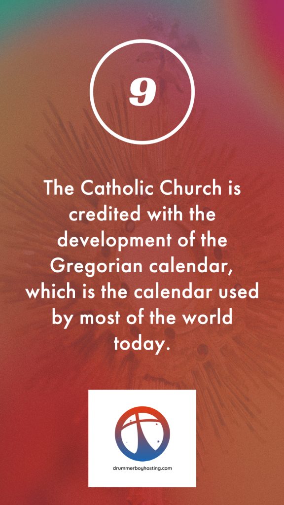 The Catholic Church is credited with the development of the Gregorian calendar, which is the calendar used by most of the world today. ten fun and informative facts about the catholic church Ten fun and informative facts about the Catholic Church Top Ten Facts 9 1 576x1024